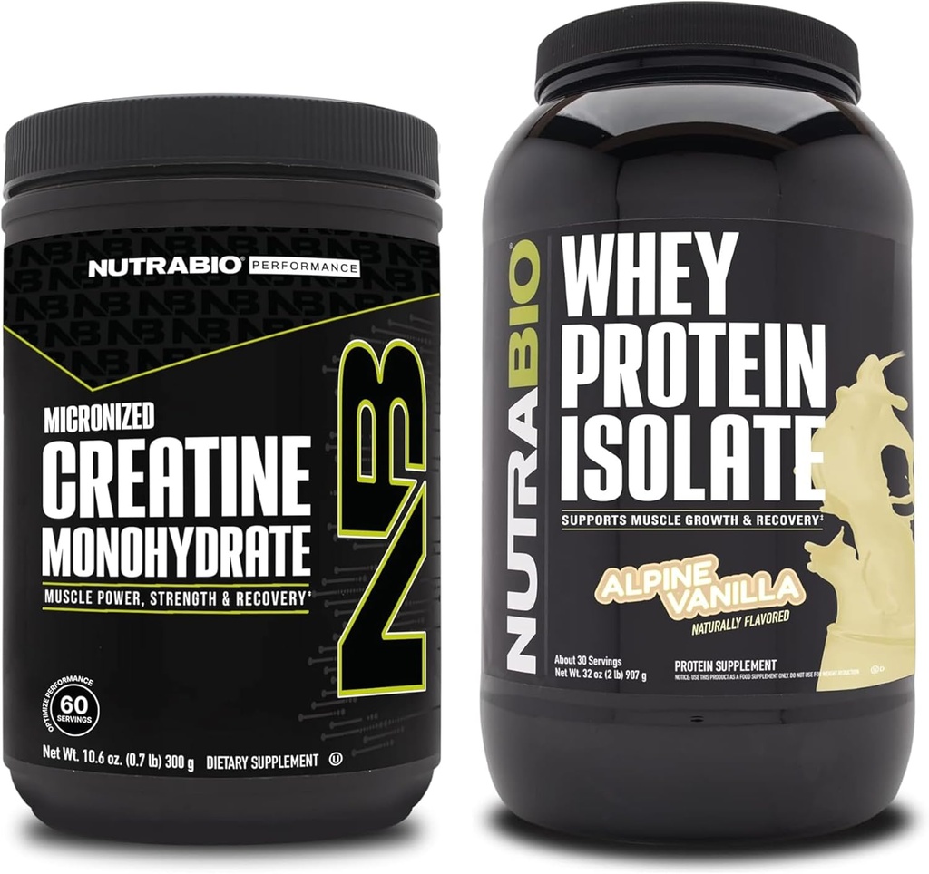 NutraBio Creatine Monohydrate, Unflavored, 300g and Whey Protein Isolate, Alpine Vanilla, Supplement Bundle - Muscle Energy, Lean Muscle Growth, Recovery, and Strength
