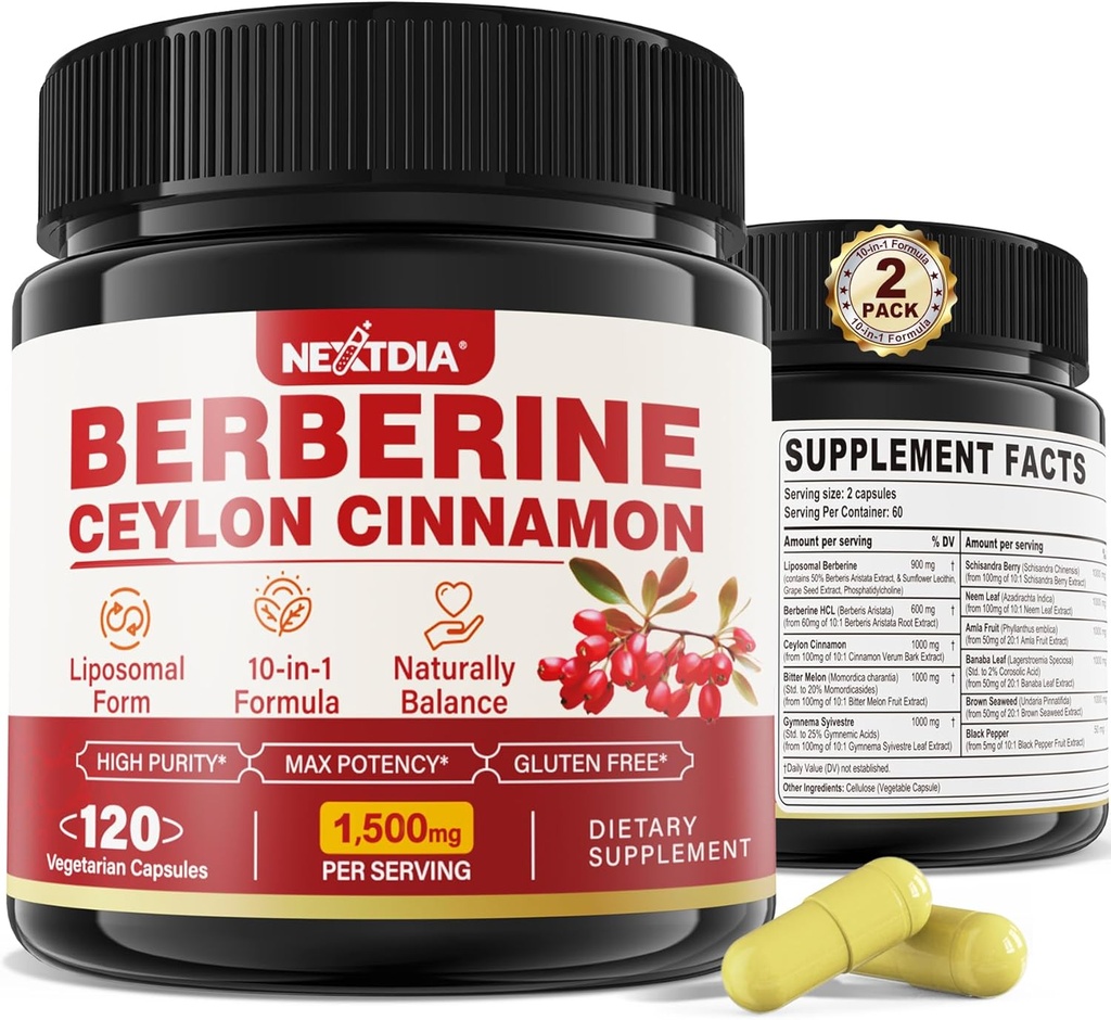 2 Pack 1500mg Liposomal Berberine HCL with Ceylon Cinnamon Bitter Melon, Organic Berberine Complex Supplements with Banana Leaf, Supports Immune & Digestion - Vegan 240 Capsules