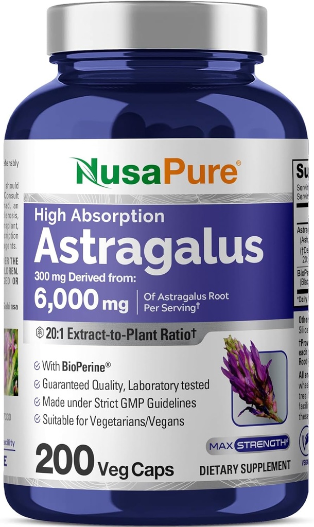 NusaPure Astragalus 20:1 Extract, 300 mg Equivalent to 6,000mg Per Serving, 200 Veggie Capsules, Non-GMO & Bioperine
