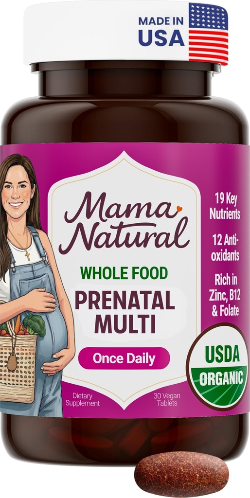 Mama Natural Organic Prenatal Vitamins for Women Vegan (30 Servings) | One A Day Prenatal Vitamins for Pregnant Women | Food Based, Non-GMO & Gluten-Free - Pre Natal Multivitamin with Folate