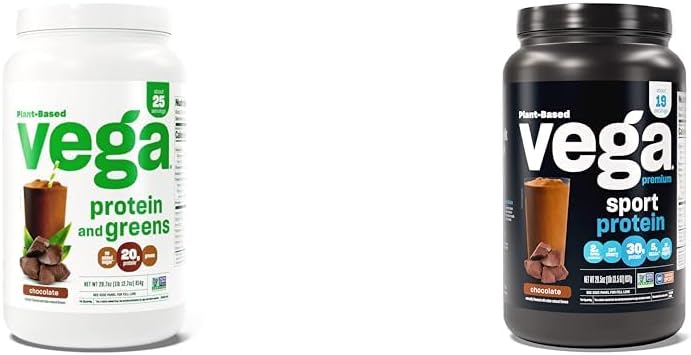 Vega Protein and Greens Protein Powder, Chocolate - 20g Plant Based Protein Plus & Premium Sport Protein Chocolate Protein Powder, Vegan, Non GMO, Gluten Free Plant Based