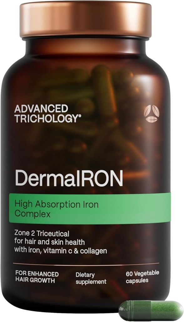 Derma-Iron Supplement for Women and Men - Iron blood builder pills for hair and skin with Collagen and natural Vitamin C, low iron and ferritin, thinning hair, hair loss support