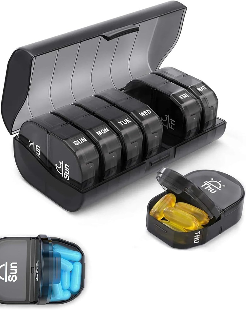 Weekly Pill Organizers, 7-Day AM/PM Medication Planner BPA-Free Vitamin Organizer Capsule Case with 14 Compartments, Arthritis Friendly Portable Pill Container for Medications Vitamins