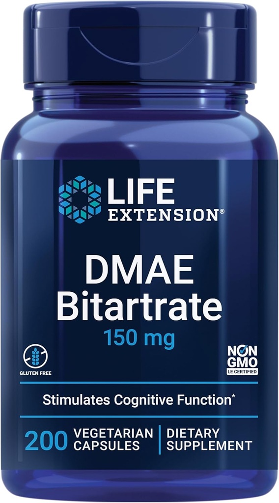 Life Extension DMAE Bitartrate, Supports neurotransmitter Production, 6-Month Supply, Gluten-Free, Non-GMO, Vegetarian, 200 Capsules