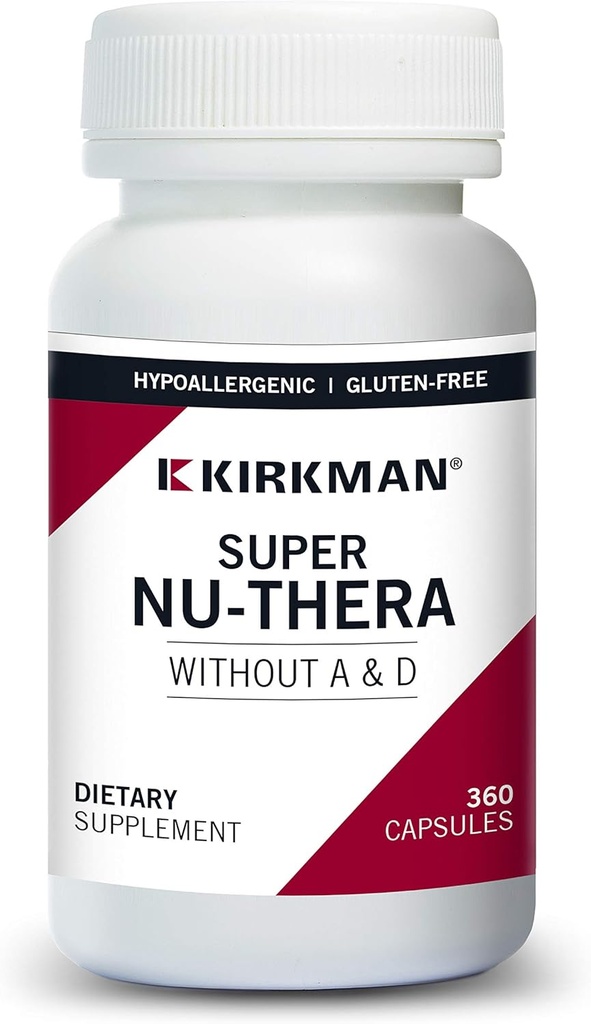 Kirkman Super Nu-Thera® w/o Vitamins A and D - Hypoallergenic || 360 Vegetarian Capsules || Multi Vitamin || Provides high Vitamin B-6 and Magnesium Content || Gluten and Casein Free