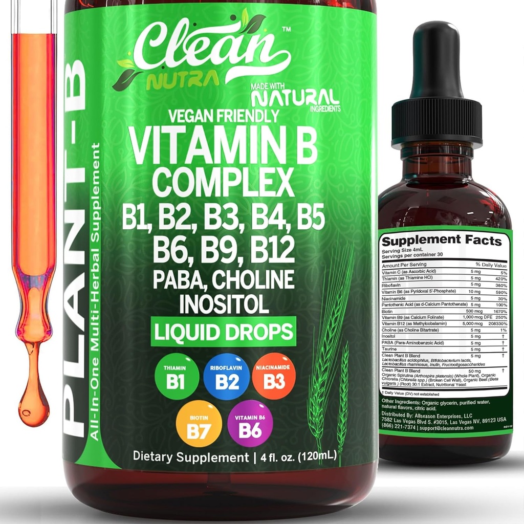 Vitamin B Complex Liquid Drops | Thiamine B1, B6, B2, B3, B4, B5, B7 B9, B12, Niacinamide, Paba, Choline Inositol Taurine Probiotics Beet Root Spirulina - Plant-B Vitamin Supplements by Clean Nutra