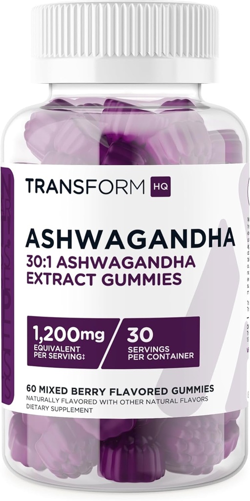 TransformHQ Ashwagandha Gummies 1,200mg, 60 Gummies (Mixed Berry Flavor) - Ashwagandha Herbal Extract Supplement - 30 Servings, Gluten Free, Non-GMO