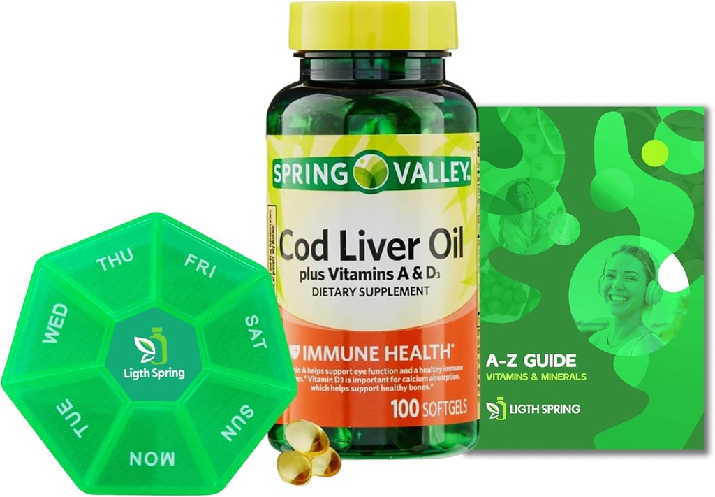 Spring Valley Cod Liver Oil Plus Vitamins A & D3, 100 softgels, Support Eye Function and a Healthy, Bundle with Vitamins & Minerals Ligth&Spring Guide