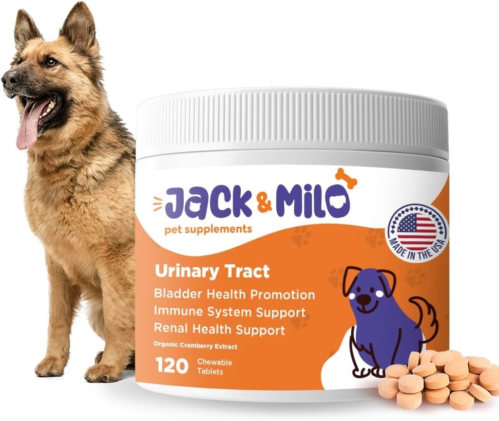 Jack & Milo - Supplement for Dogs, Dog UTI Incontinence, Kidney and Bladder Control - Cranberry & Antioxidants, Organic - Bladder Control for Dogs, USA Made-Non GMO - 120 Tablets