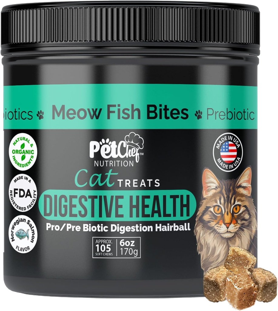 Pet Chef Meow Bites: Premium Pro & Prebiotic Digestion Cat Treats - Improve Digestion - Better tan Fortiflora Probiotics for Cats - Stops Cat Vomiting All Ages