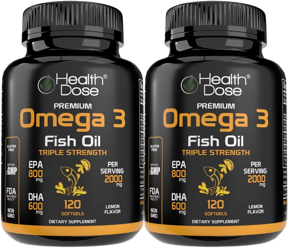 Health Dose Omega 3 Fish Oil – Lemon-Flavored Softgels with EPA & DHA for Brain, Heart, and Wellness Support – Easy-to-Digest, No Fish Burps – 120 Softgels, Pack of 2