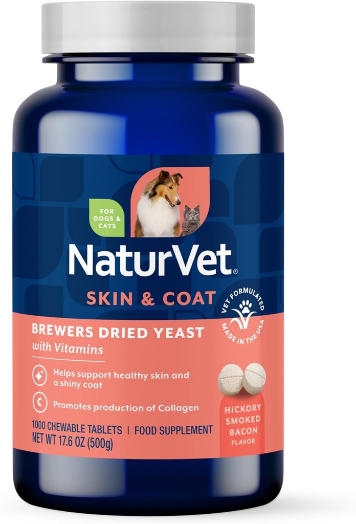 NaturVet Brewers Dried Yeast Formula with Garlic Flavoring Plus Vitamins for Dogs and Cats, Chewable Tablets, Made in The USA with Globally Source Ingredients 1000 Count