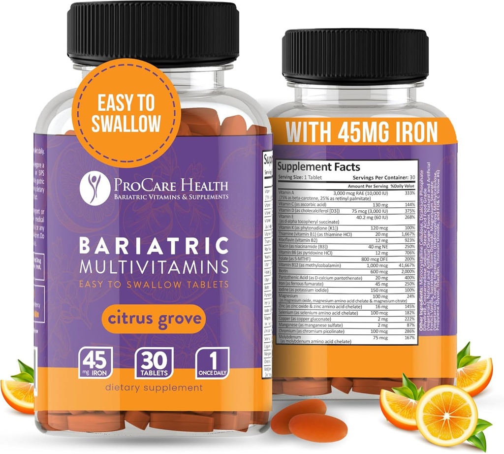 Procare Health Bariatric Multivitamin with Iron 45mg Easy to Swallow 30 Tablets - Post Op Bariatric Vitamins for Gastric Bypass Pills*, Sustains Recovery & Energy for Sleeve Patients* (1 Month Supply)