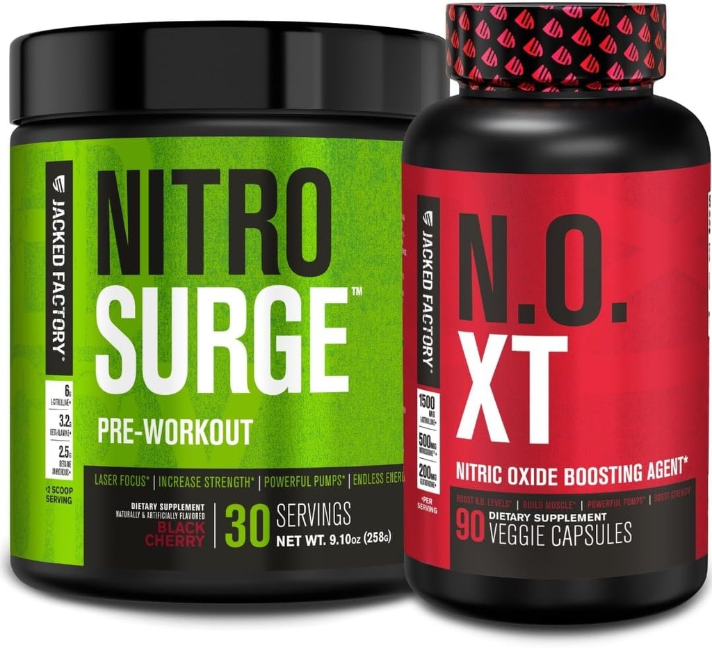 Jacked Factory Nitrosurge Pre-Workout in Black Cherry & N.O. XT Nitric Oxide Booster for Men & Women
