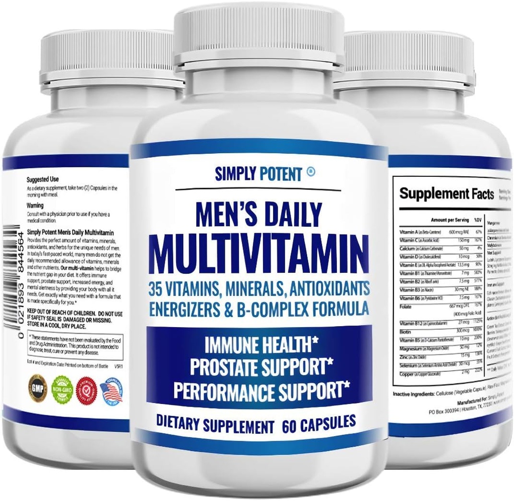 Simply Potent Daily Multivitamin for Men, 35 Vitamins with Minerals & Antioxidant, Vitamins A C D E, Biotin B12 Folate Zinc Magnesium & Saw Palmetto for Energy, Focus, Immune & Prostate Health, 60
