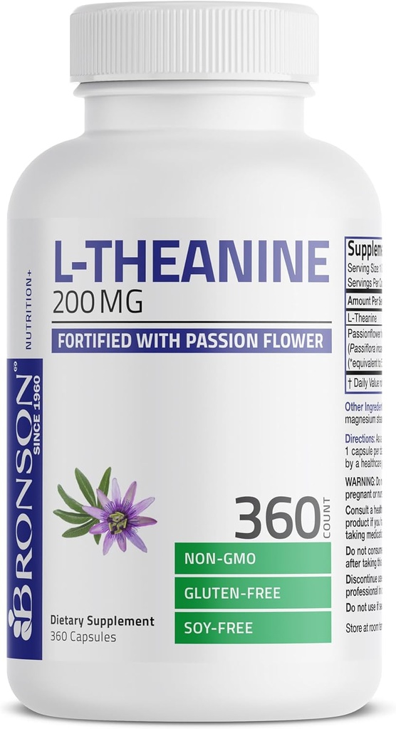 Bronson L-Theanine 200mg (Double-Strength) with Passion Flower Herb, Non-GMO Gluten-Free Soy-Free Stress Management Supplement, 360 Capsules