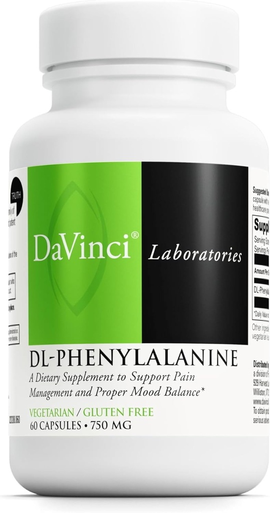 DAVINCI Labs DL-Phenylalanine - Amino Acid Dietary Supplement to Support Comfort, Balance and Discomfort* - with 750 mg DL-Phenylalanine per Serving - Gluten-Free - 60 Vegetarian Capsules