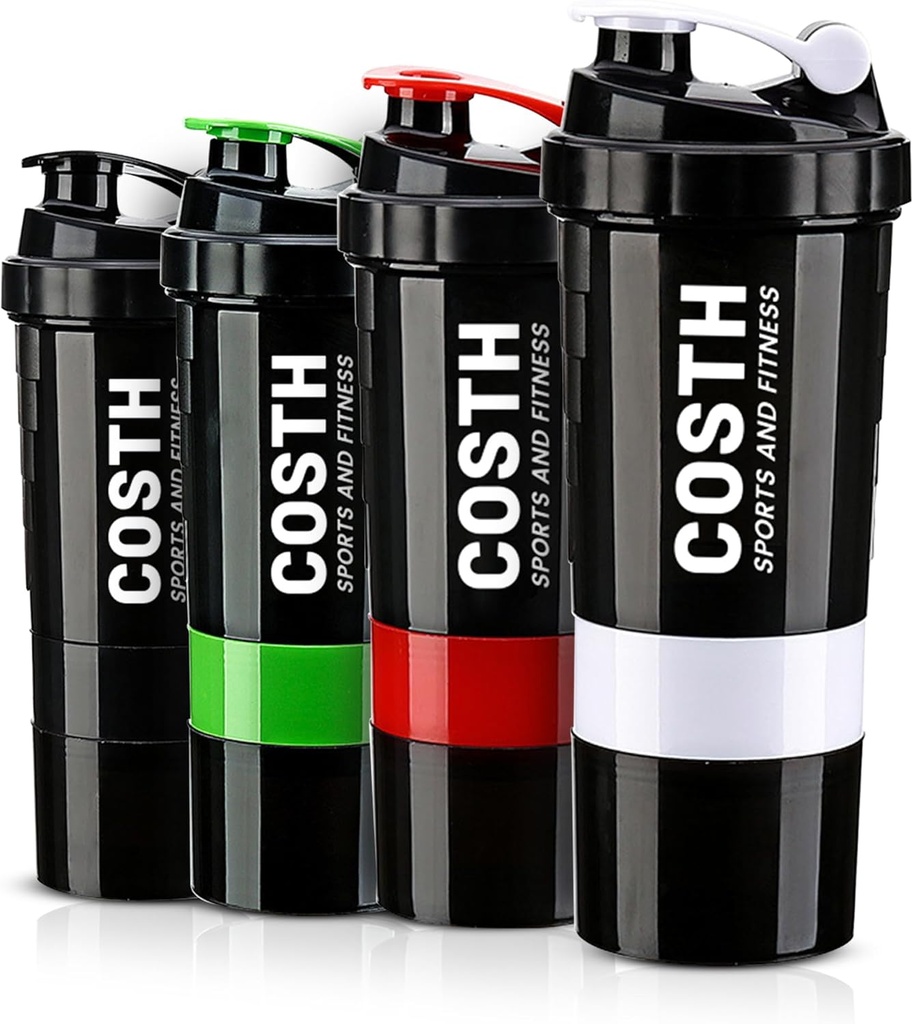 17 Oz Multi-Compartment Shaker Bottle with 4-Pack Set | BPA-Free, Leakproof, Protein Mixer & Supplement Storage