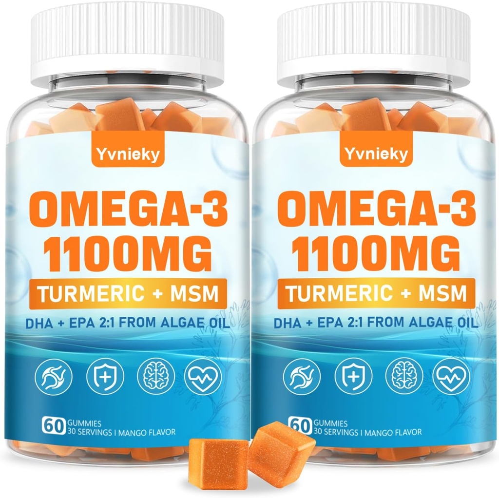 Vegan Omega 3 Supplement Gummies 1100m for Adults - DHA 680mg & EPA 340mg with Turmeric, MSM, Vitamin C, E, D3, Zinc - Algae Fish Oil Alternative