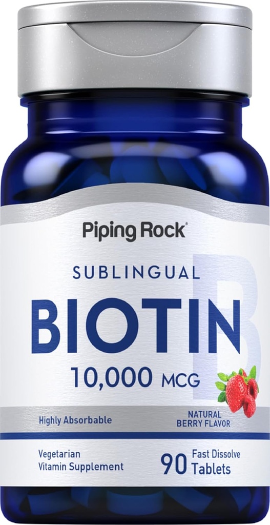 Piping Rock Biotin 10000mcg Fast Dissolve Tablets | 90 Count | Berry Flavor Sublingual Pills | Max Strength and High Absorption | Vegetarian, Non-GMO, Gluten Free Supplement