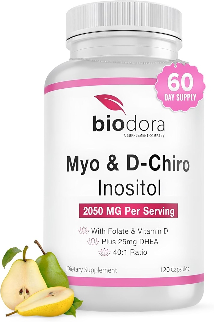 Myo& D-Chiro Inositol Supplement, with Folate and Vitamin D, 40 to 1 Ratio, Includes DHEA, Helps in Hormone Balance, Ovarian Function, 2050mg per Serving, 120 Capsules