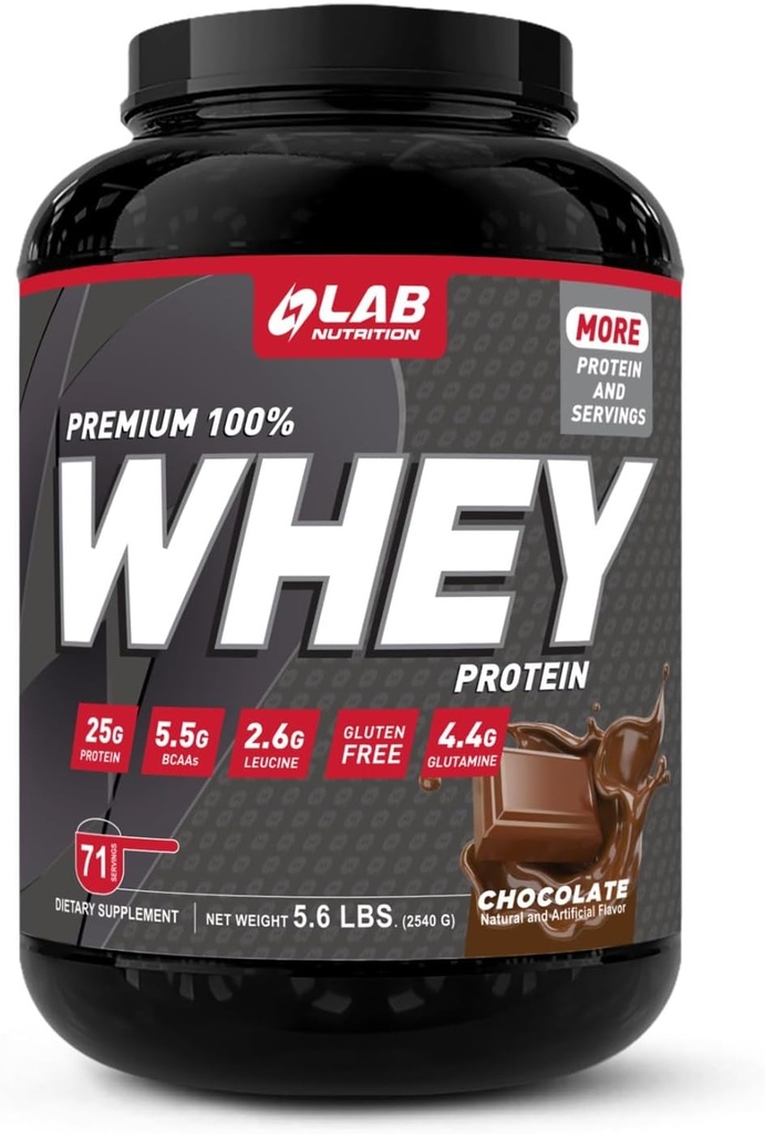 Lab Nutrition Premium, 100% Whey Protein Powder, Build muscl, Gluten Free, 25 g Protein, Delicious Chocolate Flavor, 5.6 Lbs - 71 Servings