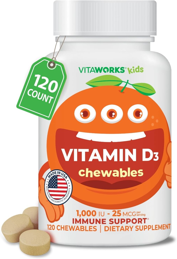 Kids Vitamin D 1000 IU Chewable Tablets - Tasty Natural Orange Flavor - Vegan, GMO-Free, Gluten Free, Nut Free Vitamins - Dietary Supplement for Immune Support - for Children - 120 Chewables