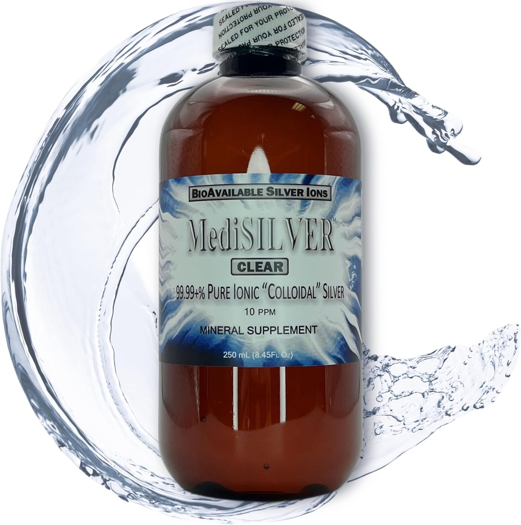 MediSILVER Clear True Free Ionic Colloidal Silver Dietary Supplement - 250 mL (8.45 Fl Oz) in BPA-Free Amber Plastic Bottle