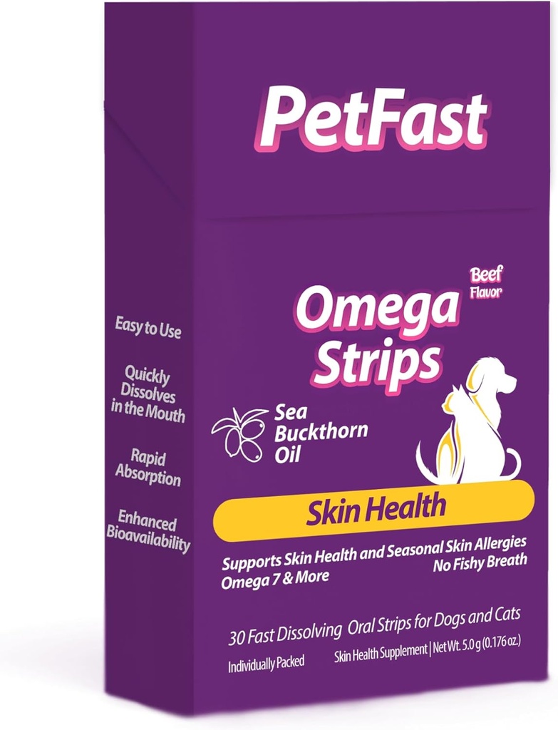 Omega Strips for Dogs and Cats, Beef Flavor, Skin Health, Sea Buckthorn Oil, 30 Dissolving Strips, Promotes Skin Health, Supports Seasonal Skin Allergies, Immune System Support