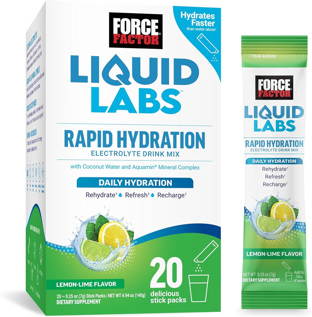 FORCE FACTOR Liquid Labs Electrolytes Powder Packets—Lemon Lime—Hydration Packets to Make Electrolyte Water with 5 Essential Electrolytes, Vitamins, Minerals, and Antioxidants, 20 Stick Packs