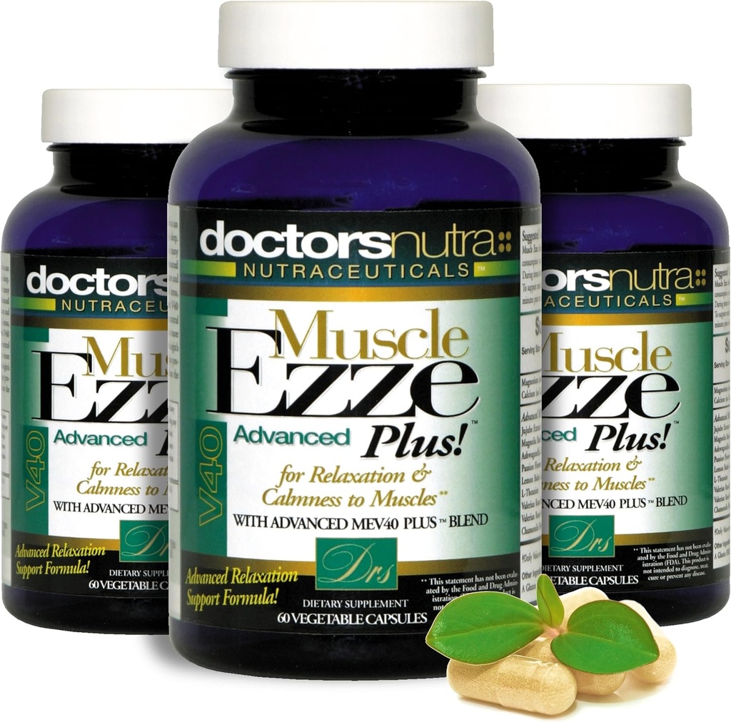 Pack of 3 Natural Relaxant Muscle Ezze Plus Advanced Day-Time Night-Time 24-7 Maximum Strength Capsules.