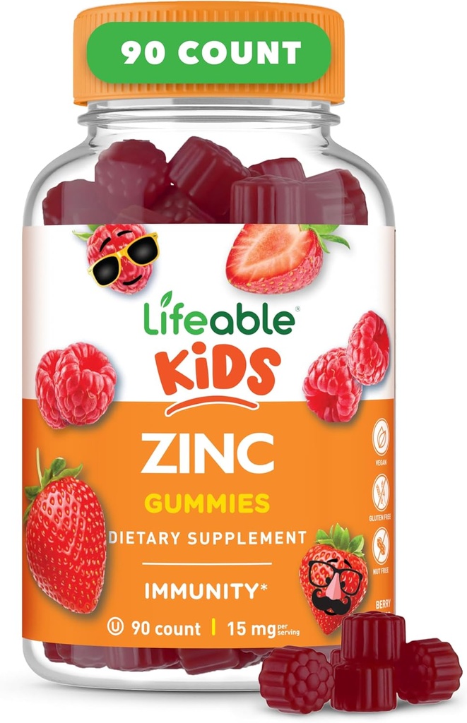 Lifeable Zinc Gummies for Kids |15mg | Great Tasting Kids Zinc Supplements | GMO Free Vegetarian Zinc Vitamins | for Healthy Skin and Immune Support for Kids and Children | 90 Gummies