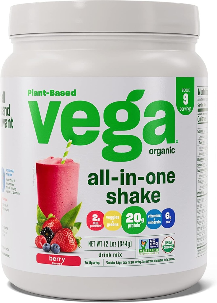 Vega Organic All-in-One Vegan Protein Powder, Berry - Superfood Ingredients, Vitamins for Immunity Support, Keto Friendly, Pea Protein for Women & Men, 12.1 oz (Packaging May Vary)