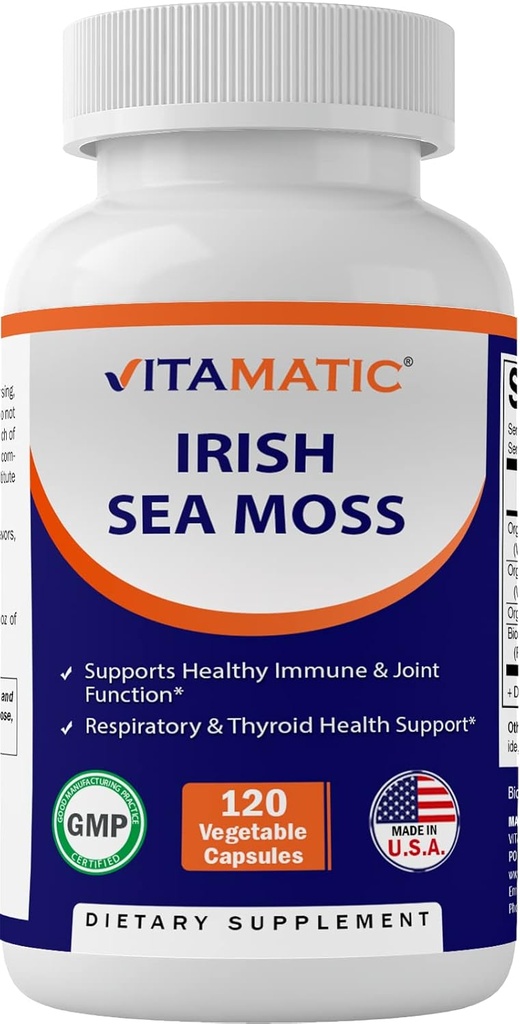 Vitamatic Irish Sea Moss – 120 Vegetarian Capsules Made with Bladderwrack & Burdock Root - Seamoss Supplement for Thyroid, Energy & Immune Support