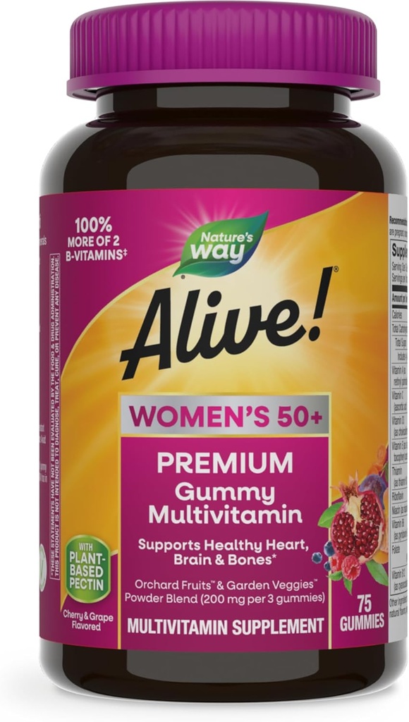 Nature’s Way Alive! Women’s 50+ Premium Gummy Multivitamin, Supports Healthy Heart, Brain & Bones*, B-Vitamins, Gluten-Free, Vegetarian, Grape and Cherry Flavored, 75 Gummies (Packaging May Vary)