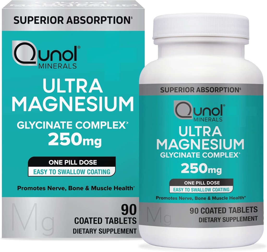 Qunol Magnesium Glycinate Complex, Gentle on Stomach, 250mg One Pill Dose, Superior-Absorption Magnesium, Nerve, Bone and Muscle Health Supplement, 90 Count (Pack of 1)