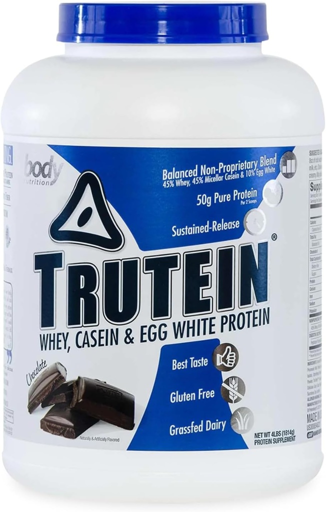 Body Nutrition Trutein High Protein Powder: 45% Whey, 45% Casein, 10% Egg White, Gluten-Free, Low Sodium, Grass Fed Whey Protein Powder, Gym Supplement & Breakfast Shake, Chocolate, 4lb