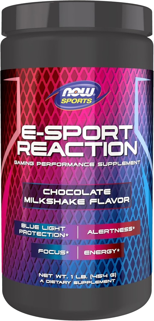 NOW Sports Esport Reaction, Gaming Performance Supplement, 30 Servings, Chocolate Milkshake, Crash Free Energy for Alertness and Focus, Blue Light Protection* with Lutein