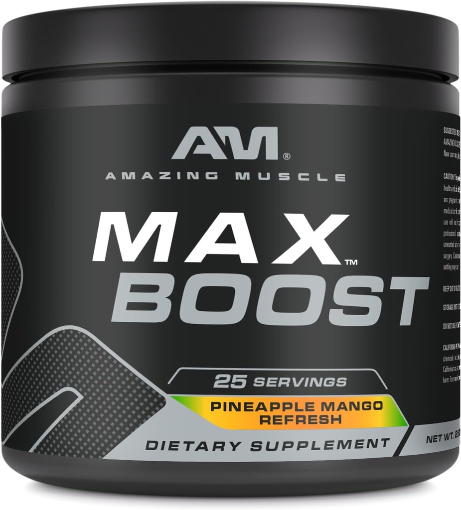 Amazing Muscle Max Boost | 25 Servings | Intense Pre-Workout Supplement for Men & Women | Contains Creatine Monohydrate, Caffeine, Beta-Alanine, Betaine (25 Servings, Pineapple Mango)