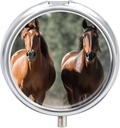 Round Pill Case 3 Compartment Animales Horses Pill Box Mini Medicine Pill Organizer Portable Travel Pillbox for Pocket Purse Metal Pill Container for Vitamins Fish Oil Supplements