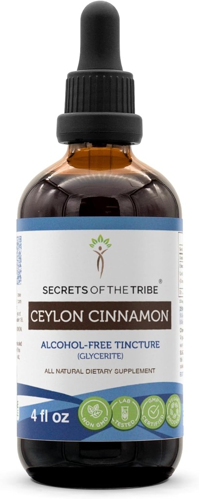 Secrets of the Tribe Ceylon Cinnamon Tincture Alcohol-Free Liquid Extract, Ceylon Cinnamon (Cinnamomum Verum) Dried Bark (4 FL OZ)