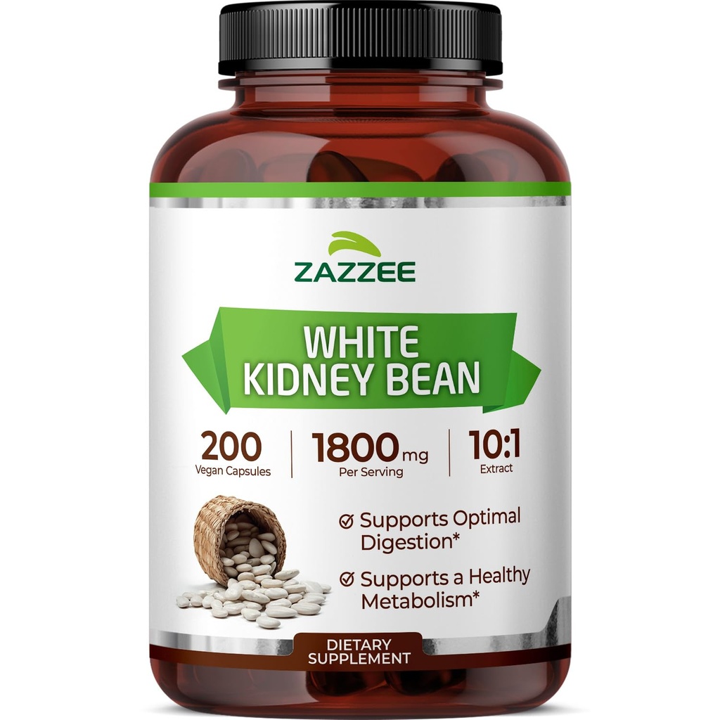 Zazzee White Kidney Bean 10:1 Extract, 1800 mg per Serving, 200 Vegan Capsules, 2+ Month Supply, Phaseolus Vulgaris, Digestive Support, 10X Strength, 100% Vegetarian, Non-GMO, Made in the USA