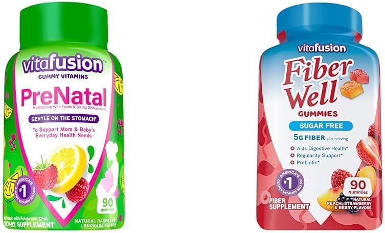 Vitafusion PreNatal Gummy Vitamins, Raspberry Lemonade Flavored, Pregnancy Vitamins for Women & Fiber Well Sugar Free Fiber Supplement, Peach, Strawberry and BlackBerry Flavored