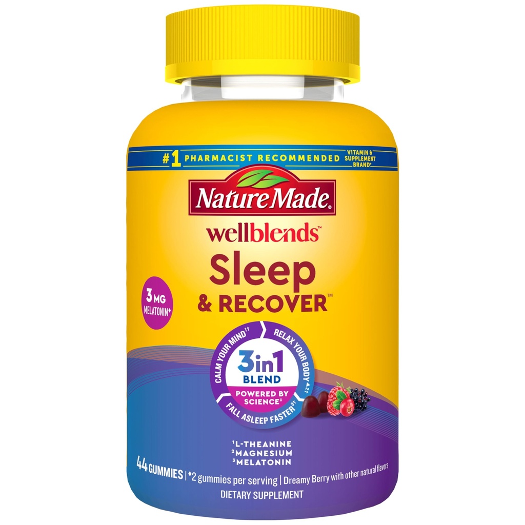 Nature Made Wellblends Sleep and Recover, Sleep Aid with Melatonin 3mg to Support Restful Sleep, plus L theanine 200mg and Magnesium Citrate, 44 Gummies