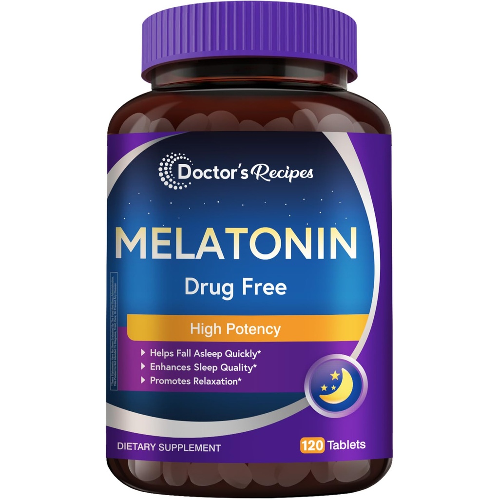 Doctor's Recipes Melatonin 10 mg, High Potency, Non-Habit Forming, Vegan, Sleep Support Supplements for Men and Women, Non-GMO, No Gluten, 120 Tablets
