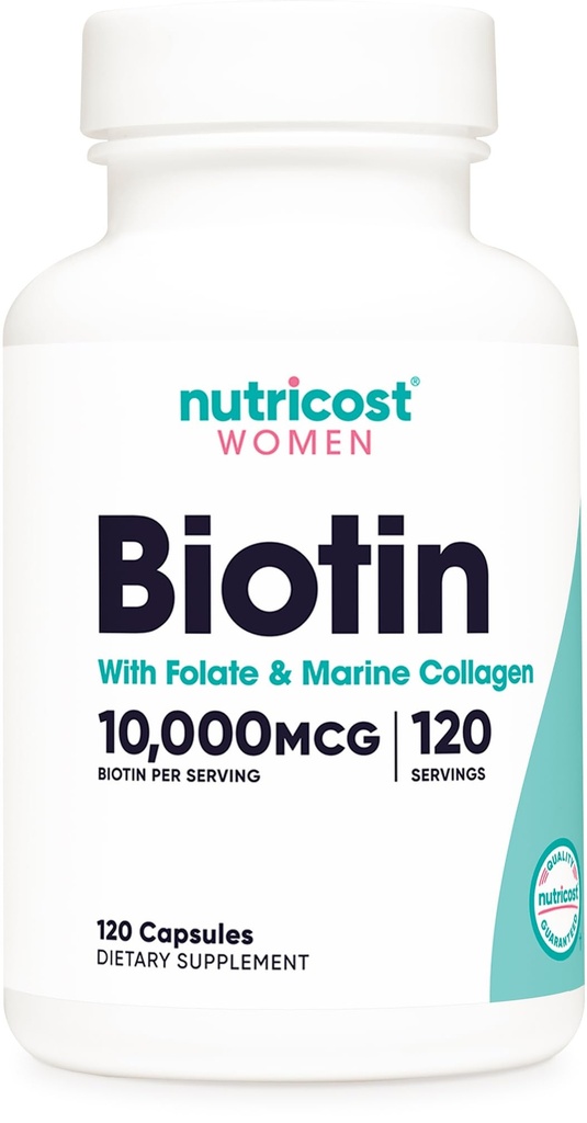 Nutricost Biotin for Women 10,000mcg 120 Capsules - with Folate & Collagen, Gluten Free & Non-GMO