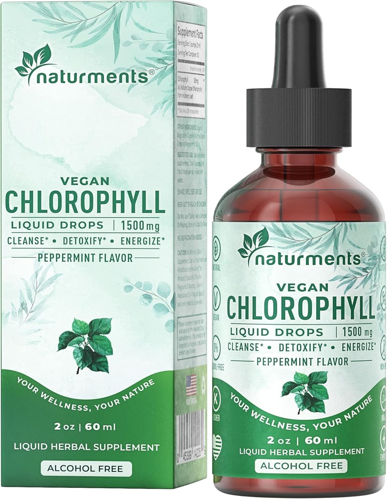 Naturments Chlorophyll Liquid Drops: - Natural Deodorant, Immune Support, Energy Boost - Clorofila Concentrate with Organic Peppermint Oil - 30 Servings, 60 Ml