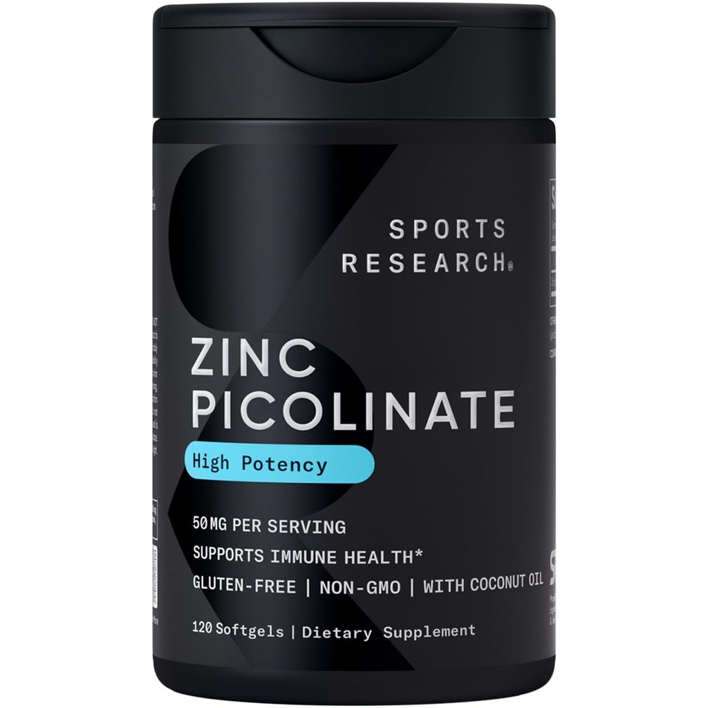 Sports Research High Potency Zinc Picolinate 50mg with Organic Coconut Oil | Highly Absorbable Zinc Supplement for Healthy Immune & Enzyme Function - Non-GMO Tested & Gluten-Free (120 Liquid Softgels)