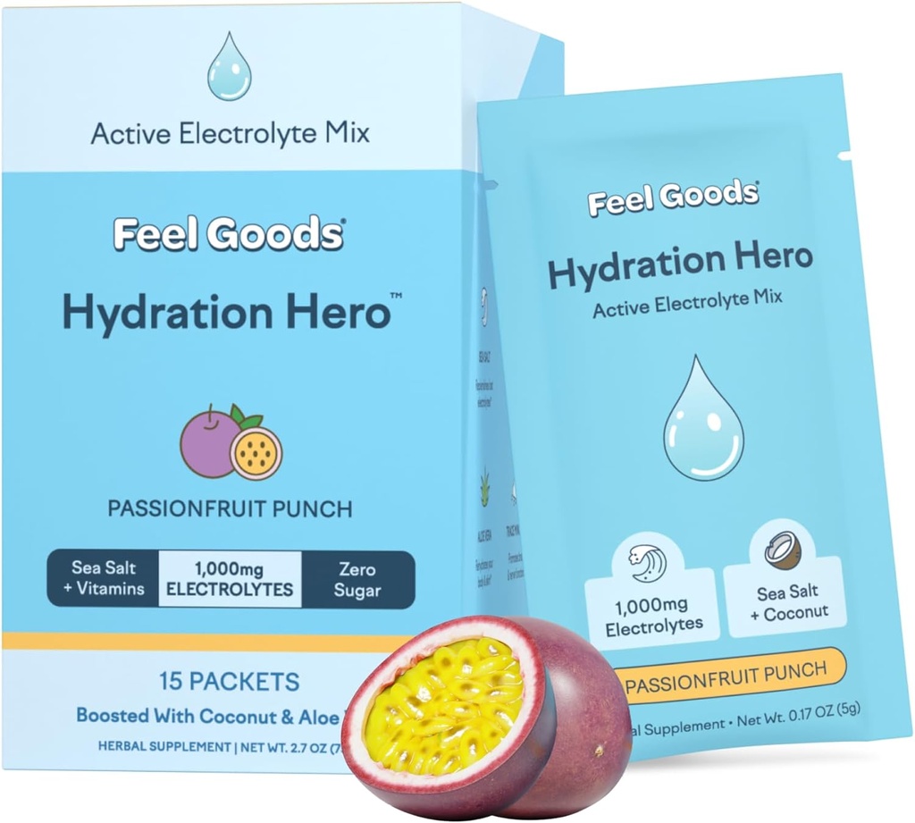 Feel Goods Hydration Hero, 1,000mg Electrolytes Powder, Sugar Free, Magnesium, Organic Aloe Vera, L Theanine, Vitamin C & B12, Keto, Vegan, Electrolyte Packets, Passion Fruit Punch, 15 Count