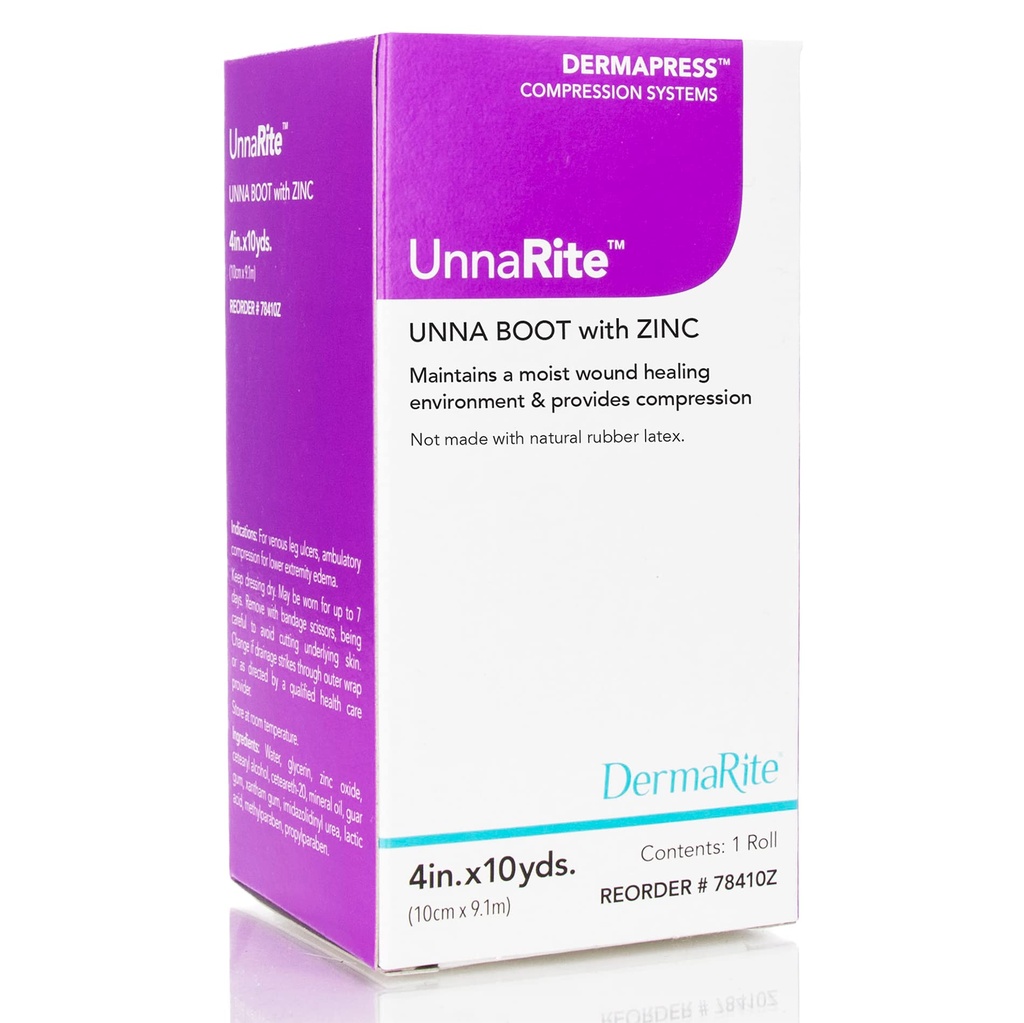DermaRite's UnnaRite C Unna Boot, with Zinc Oxide - Moist Healing and Gentle Compression for Venous Leg Ulcers - 4 in. x 10 yds., 1 Roll